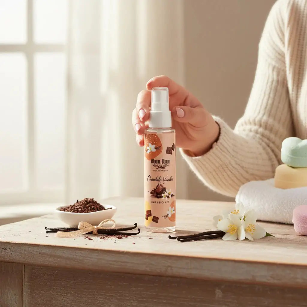 Bloom-Bloom Luxury Bath & Body treats Chocolate Vanilla Hair & Body Mist with panthenol and aloe vera, 100ml bottle.