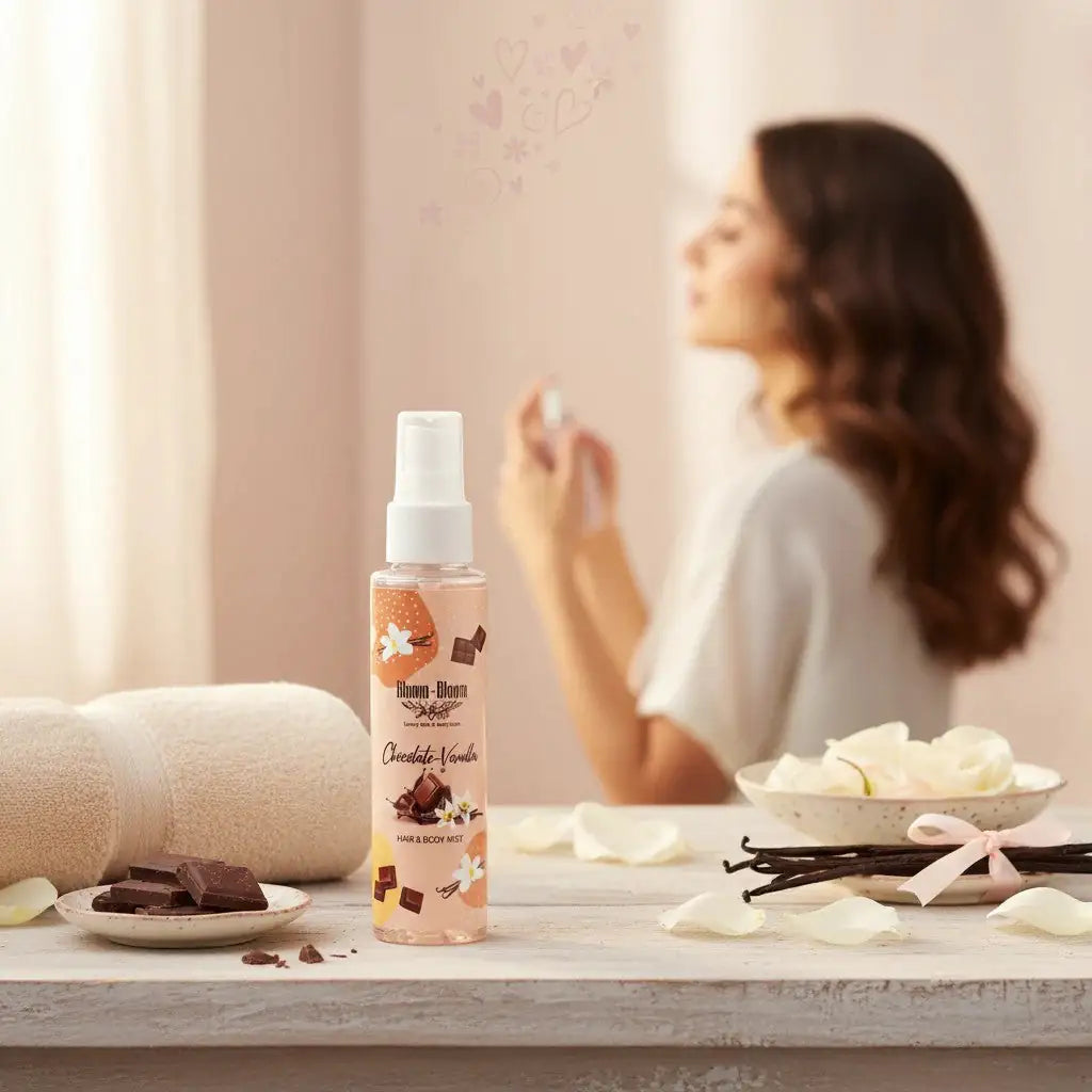 Bloom-Bloom Luxury Bath & Body treats Chocolate Vanilla Hair & Body Mist with panthenol and aloe vera. 100ml bottle.