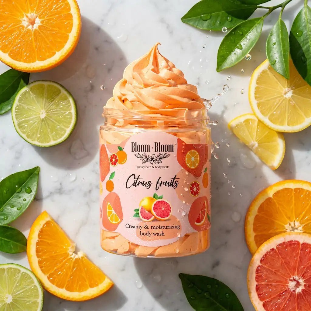 Bloom-Bloom Luxury Bath & Body treats Citrus Fruits creamy & moisturizing body wash in a jar, surrounded by fresh citrus slices.
