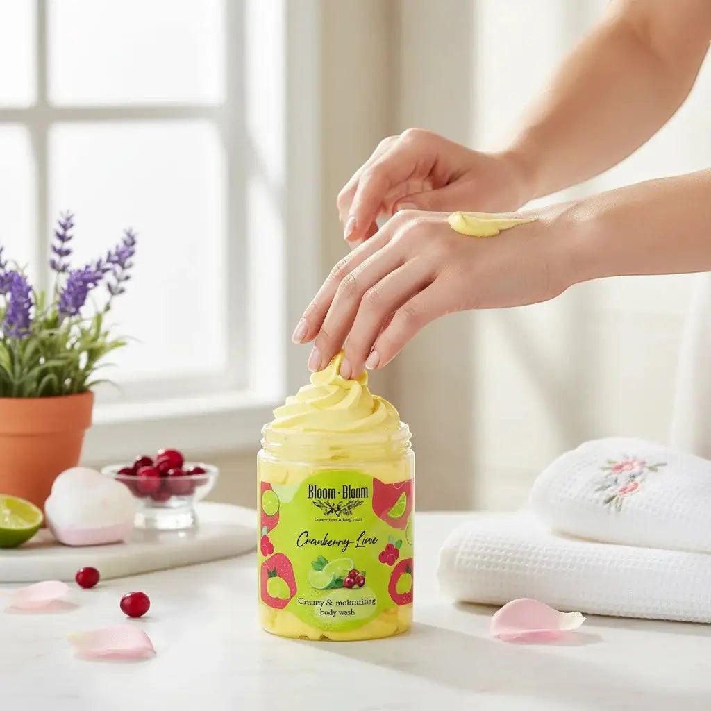 Bloom-Bloom Luxury Bath & Body treats Cranberry-Lime creamy & moisturizing body wash in a jar with whipped texture.