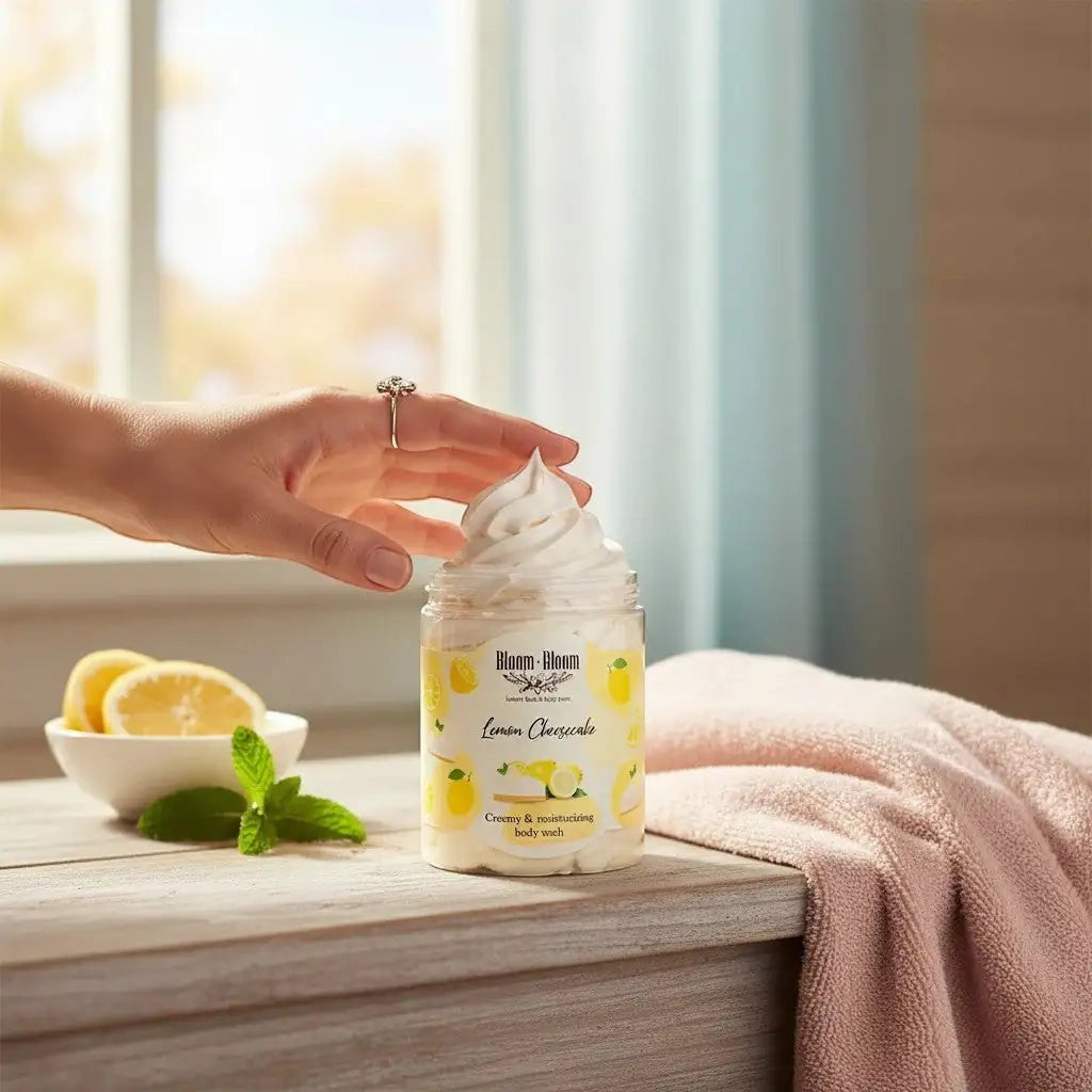 Bloom-Bloom Luxury Bath & Body treats Lemon Cheesecake creamy body wash with shea butter, 250gr. A hand reaches for the whipped texture.