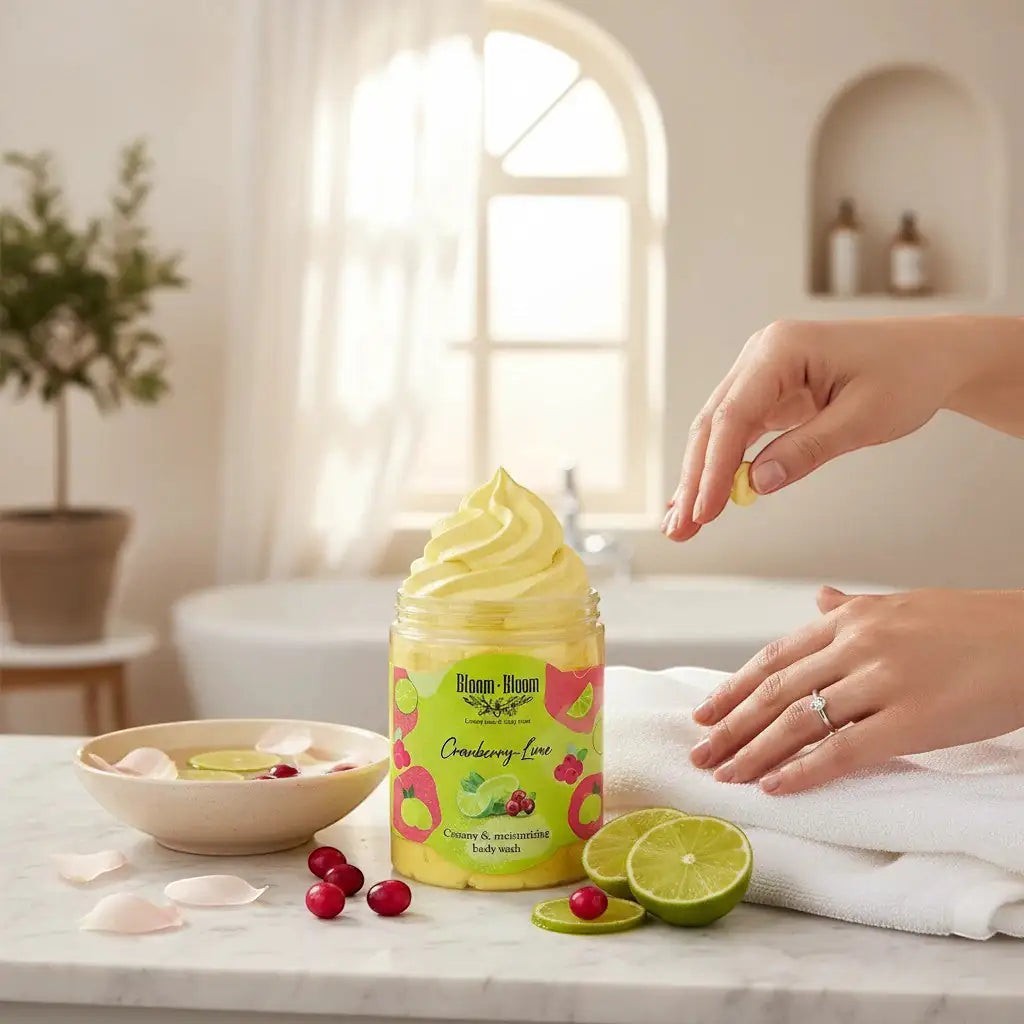 Bloom-Bloom Luxury Bath & Body treats Cranberry-Lime creamy body wash with shea butter, yellow whipped texture.