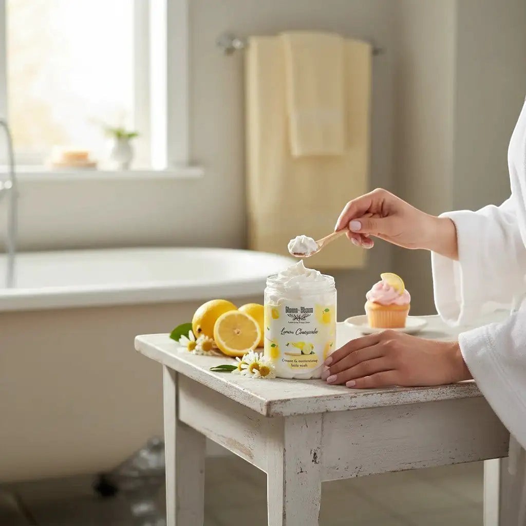 Bloom-Bloom Luxury Bath & Body treats Lemon Cheesecake creamy body wash with shea butter, 250gr. A hand scoops product from jar.