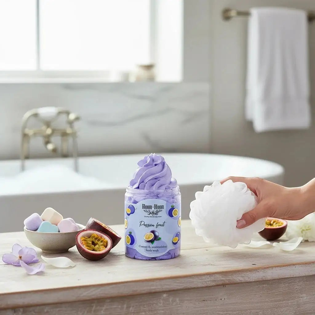 Bloom-Bloom Luxury Bath & Body treats Passion Fruit creamy body wash with shea butter, purple whipped texture, 250gr.