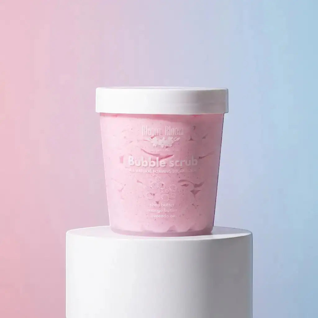 Bloom-Bloom Luxury Bath & Body treats pink bubble scrub with mango butter, shea butter, and avocado oil. 280gr.