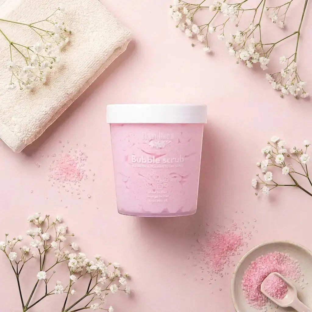 Bloom-Bloom Luxury Bath & Body treats pink bubble scrub with mango butter, shea butter, and avocado oil. 280gr.