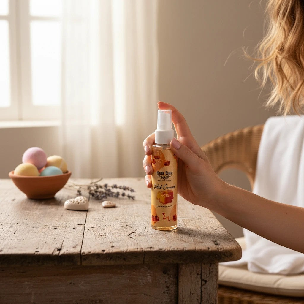 Bloom-Bloom Luxury Bath & Body treats Salted Caramel Hair & Body Mist with Panthenol & Aloe Vera, 100ml bottle held by a woman.