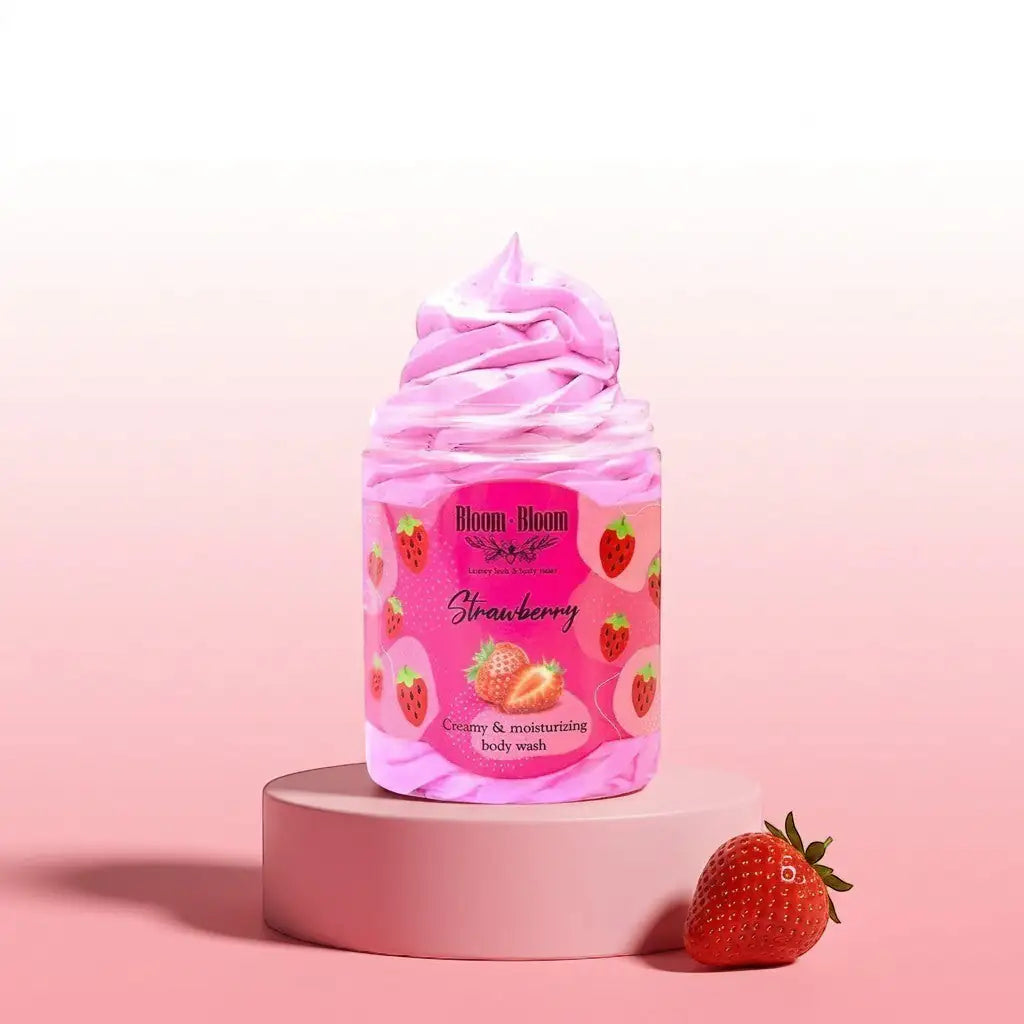 Bloom-Bloom Luxury Bath & Body treats Strawberry creamy & moisturizing body wash in a jar with whipped texture.