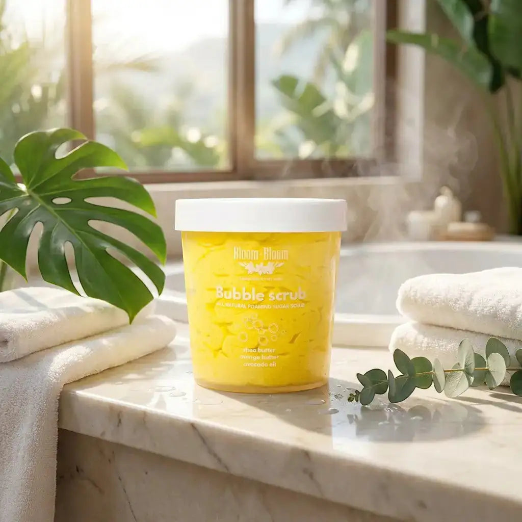 Bloom-Bloom Luxury Bath & Body treats yellow Tropicana bubble scrub with mango butter, shea butter, and avocado oil.