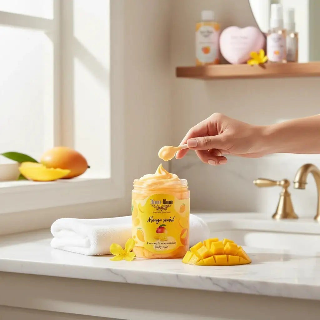 Bloom-Bloom Luxury Bath & Body treats Mango Sorbet creamy & moisturizing body wash with shea butter. Orange-yellow whipped texture.