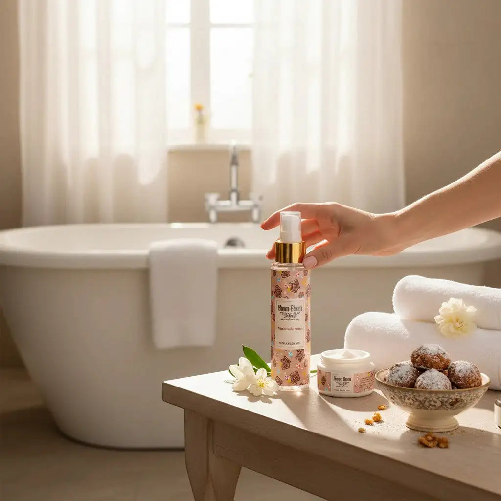 Bloom-Bloom Luxury Bath & Body treats Melomakarono Hair & Body Mist with Panthenol & Aloe Vera, 100ml, in a decorative bottle.