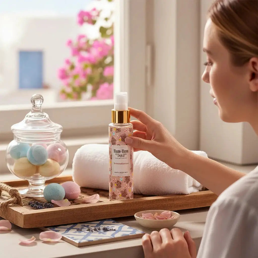 Bloom-Bloom Luxury Bath & Body treats Melomakarono Hair & Body Mist with Panthenol & Aloe Vera, 100ml bottle with festive cookie scent.