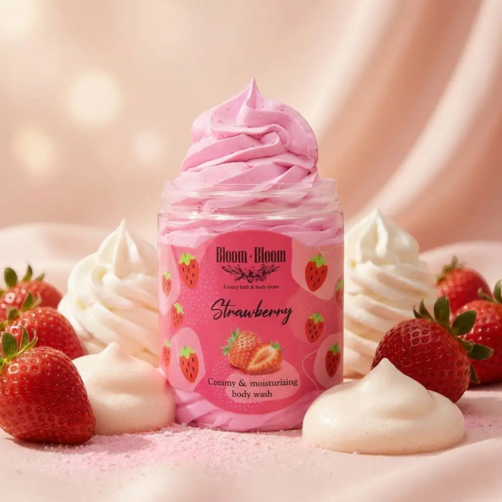 Bloom-Bloom Luxury Bath & Body treats Strawberry creamy & moisturizing body wash in a jar with whipped cream topping, surrounded by fresh strawberries.
