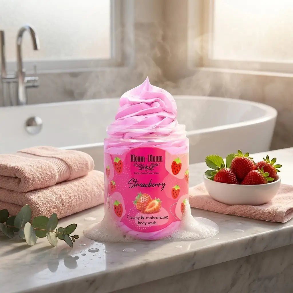 Bloom-Bloom Luxury Bath & Body treats pink strawberry creamy & moisturizing body wash in a jar with whipped topping.