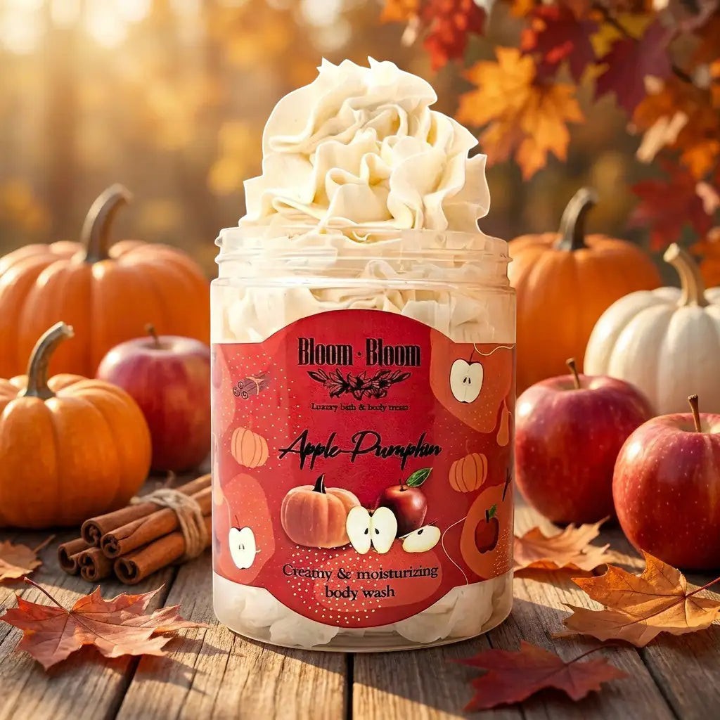 Bloom-Bloom Luxury Bath & Body treats Apple-Pumpkin creamy & moisturizing body wash in a jar, topped with whipped cream.