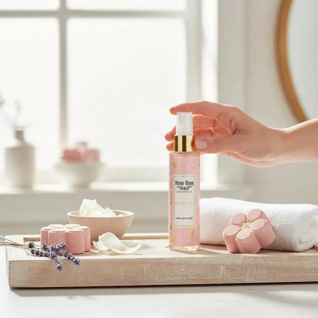 Bloom-Bloom Luxury Bath & Body treats Baby Powder Hair & Body Mist with panthenol and aloe vera, 100ml bottle with pink heart pattern.