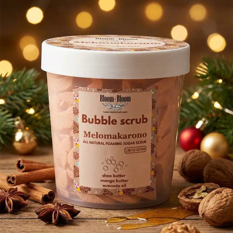 Bloom-Bloom Luxury Bath & Body treats Bubble Scrub Melomakarono, a 2-in-1 foaming sugar scrub with mango butter, shea butter, and avocado oil.