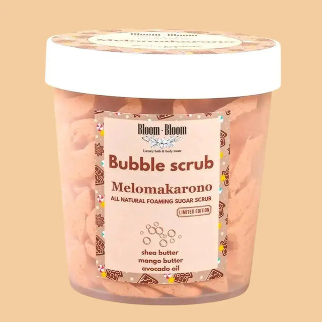 Bloom-Bloom Bubble Scrub Melomakarono 2-in-1 Foaming Sugar Scrub with Mango Butter, Shea Butter, Avocado Oil