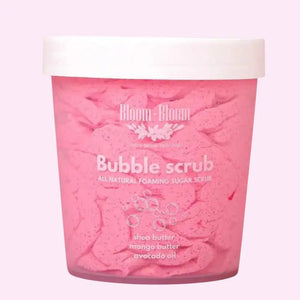 Bloom-Bloom Luxury Bath & Body treats pink bubble scrub with mango butter, shea butter, and avocado oil.