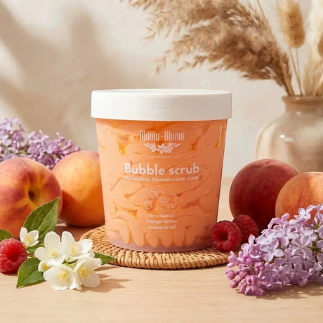 Bloom-Bloom Luxury Bath & Body treats Bubble Scrub with mango butter, shea butter, and avocado oil. Peachy orange foaming sugar scrub.