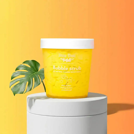 Bloom-Bloom Luxury Bath & Body treats Bubble Scrub Tropicana, a 2-in-1 foaming body scrub with mango butter, shea butter, and avocado oil.