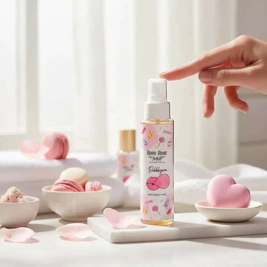 Bloom-Bloom Luxury Bath & Body treats Bubblegum Hair & Body Mist with Panthenol & Aloe Vera, 100ml bottle with candy graphics.