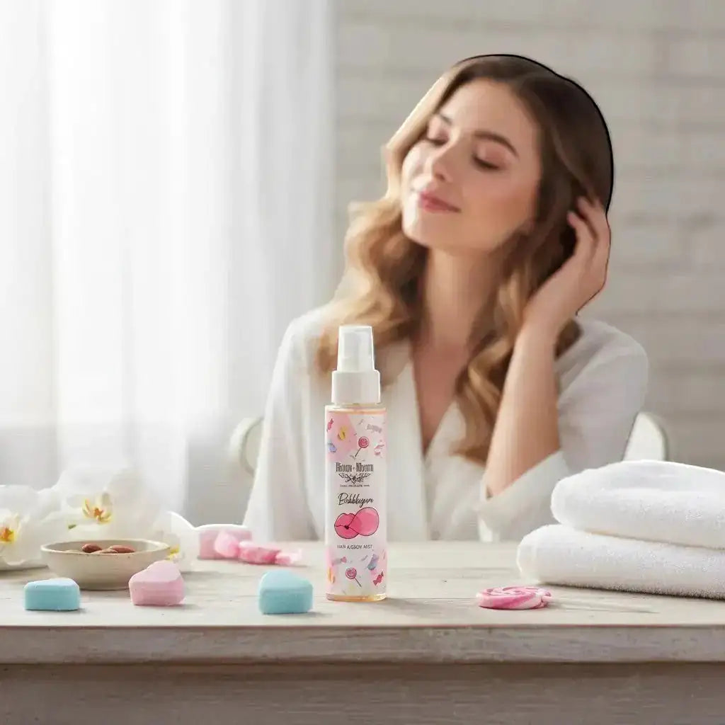 Bloom-Bloom Luxury Bath & Body treats Bubblegum Hair & Body Mist with Panthenol & Aloe Vera, 100ml bottle with candy graphics.