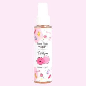 Bloom-Bloom Luxury Bath & Body treats Bubblegum Hair & Body Mist with Panthenol & Aloe Vera, 100ml bottle with candy graphics.