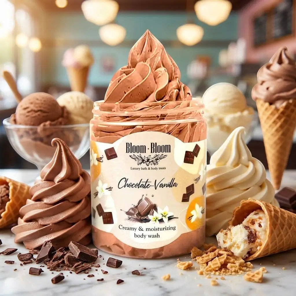 Bloom-Bloom Luxury Bath & Body treats Chocolate Vanilla creamy body wash in a jar, surrounded by ice cream and chocolate.