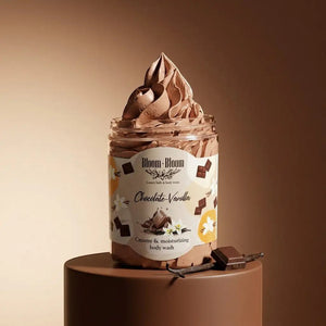 Bloom-Bloom Chocolate-Vanilla creamy & moisturizing body wash in a jar with whipped texture. Chocolate and vanilla bean accents.