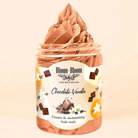 Bloom-Bloom Luxury Bath & Body treats Chocolate Vanilla creamy & moisturizing body wash in a jar with whipped texture.