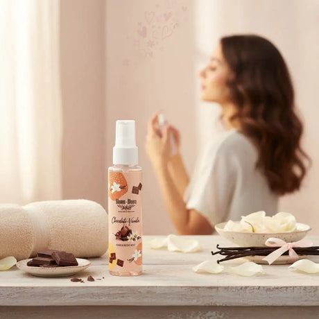 Bloom-Bloom Luxury Bath & Body treats Chocolate Vanilla Hair & Body Mist with panthenol and aloe vera. 100ml bottle.