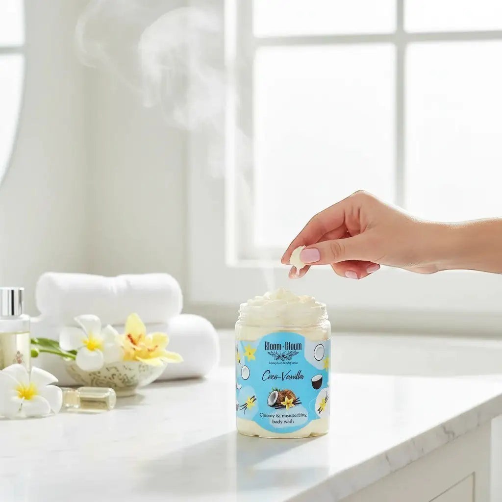 Bloom-Bloom Luxury Bath & Body treats creamy coco-vanilla body wash with shea butter, rich lather, and long-lasting softness.