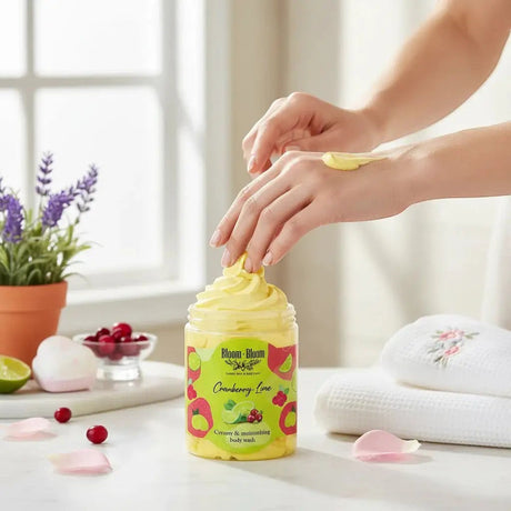 Bloom-Bloom Luxury Bath & Body treats Cranberry-Lime creamy & moisturizing body wash in a jar with whipped texture.