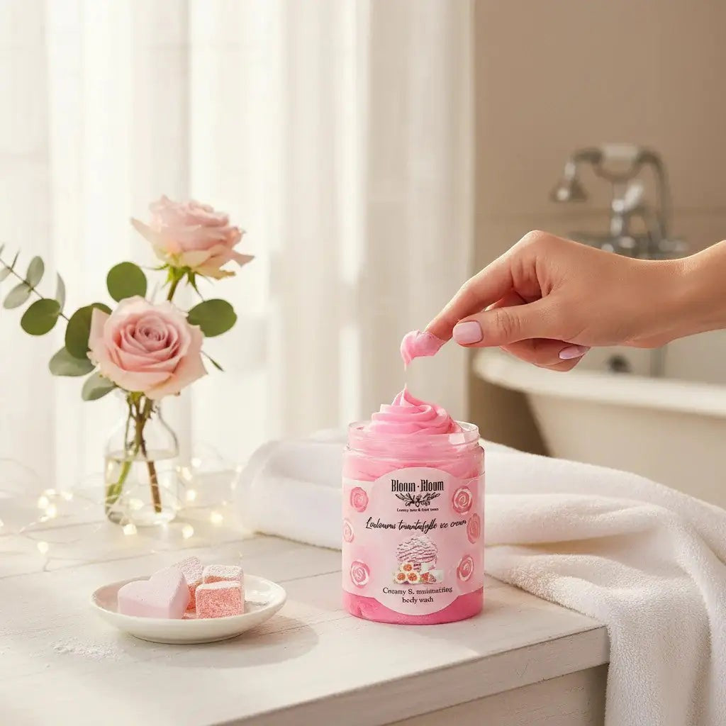 Bloom-Bloom Luxury Bath & Body treats pink creamy body wash with rose and loukoumi scent, in a jar with a hand scooping some out.