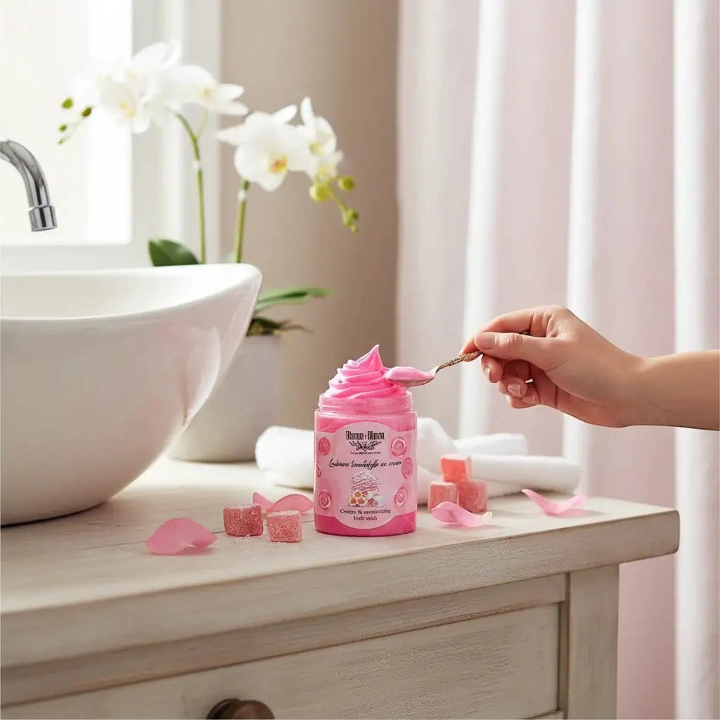 Bloom-Bloom Luxury Bath & Body treats pink creamy body wash with rose and turkish delight scent, shea butter. 250gr.