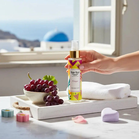 Bloom-Bloom Luxury Bath & Body treats Grape Hair & Body Mist with panthenol and aloe vera, 100ml bottle with grape design.