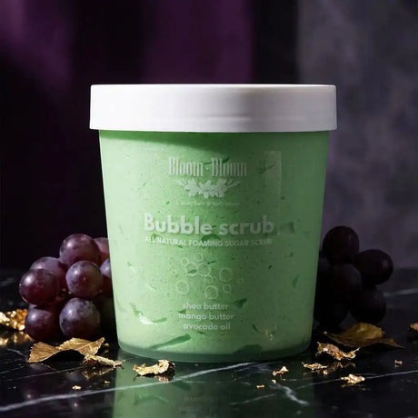 Bloom-Bloom Luxury Bath & Body treats green grape foaming sugar scrub with shea butter, mango butter, and avocado oil.