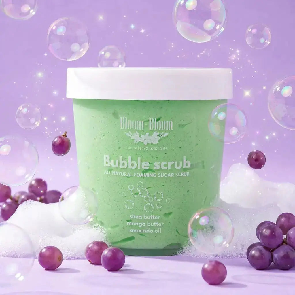 Bloom-Bloom Luxury Bath & Body treats green grape foaming sugar scrub with shea butter, mango butter, and avocado oil.