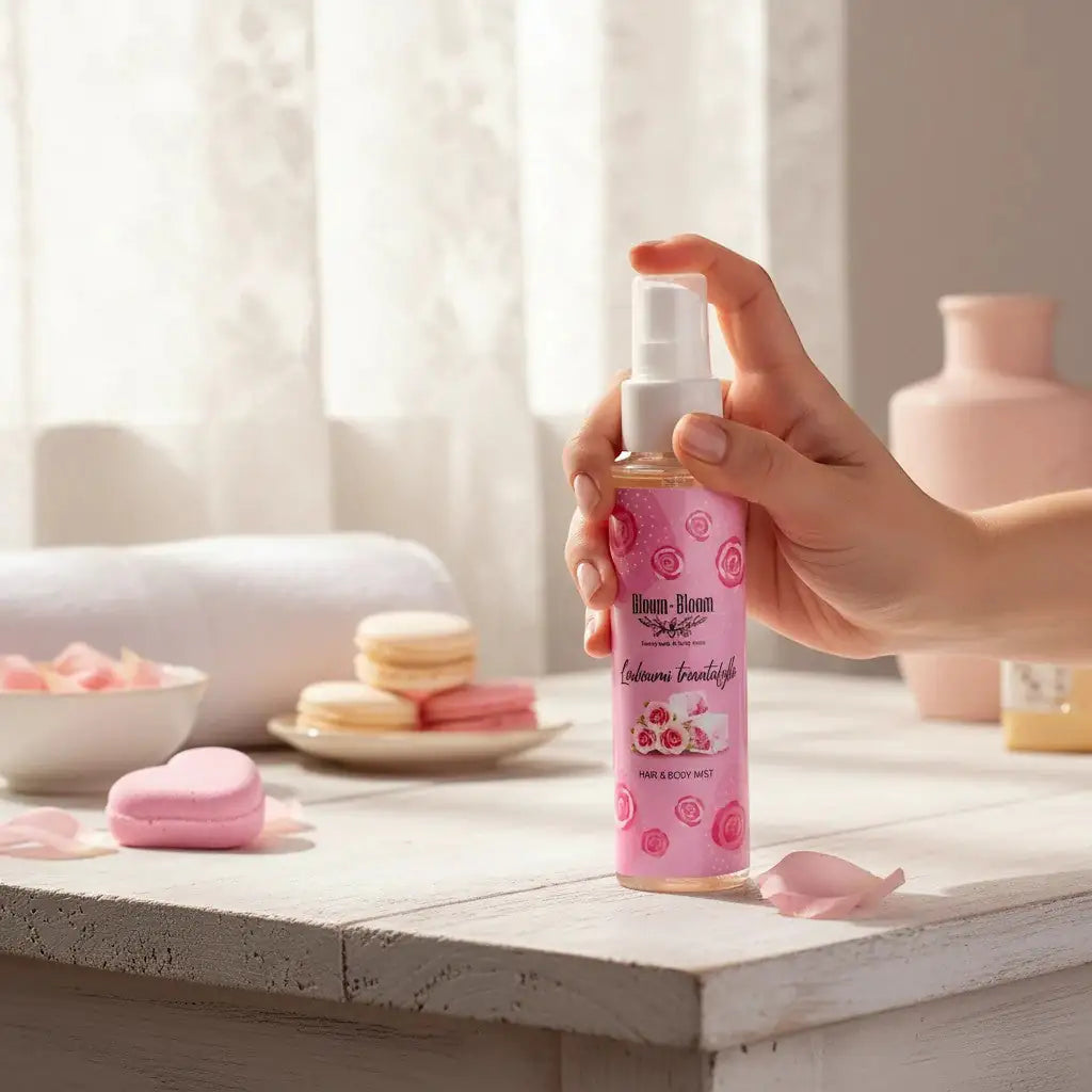 Bloom-Bloom Luxury Bath & Body treats Hair & Body Mist with rose and loukoumi scent, featuring panthenol and aloe vera.