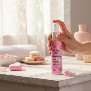 Bloom-Bloom Luxury Bath & Body treats Hair & Body Mist with rose and loukoumi scent, featuring panthenol and aloe vera.