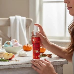 Bloom-Bloom Luxury Bath & Body treats Apple-Pumpkin Hair & Body Mist with Panthenol & Aloe Vera, 100ml bottle held by a woman.