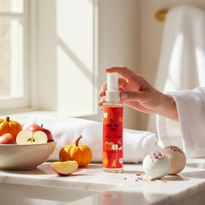 Bloom-Bloom Luxury Bath & Body treats Apple-Pumpkin Hair & Body Mist with panthenol and aloe vera, 100ml bottle.