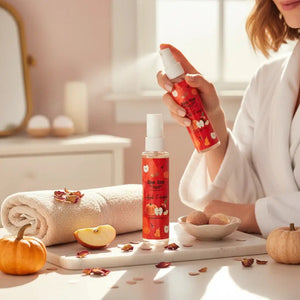 Bloom-Bloom Luxury Bath & Body treats Apple-Pumpkin Hair & Body Mist with Panthenol & Aloe Vera, 100ml bottle being sprayed.
