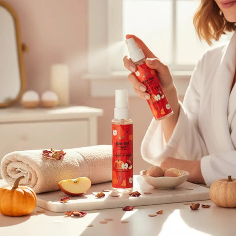 Bloom-Bloom Luxury Bath & Body treats Apple-Pumpkin Hair & Body Mist with Panthenol & Aloe Vera, 100ml bottle being sprayed.