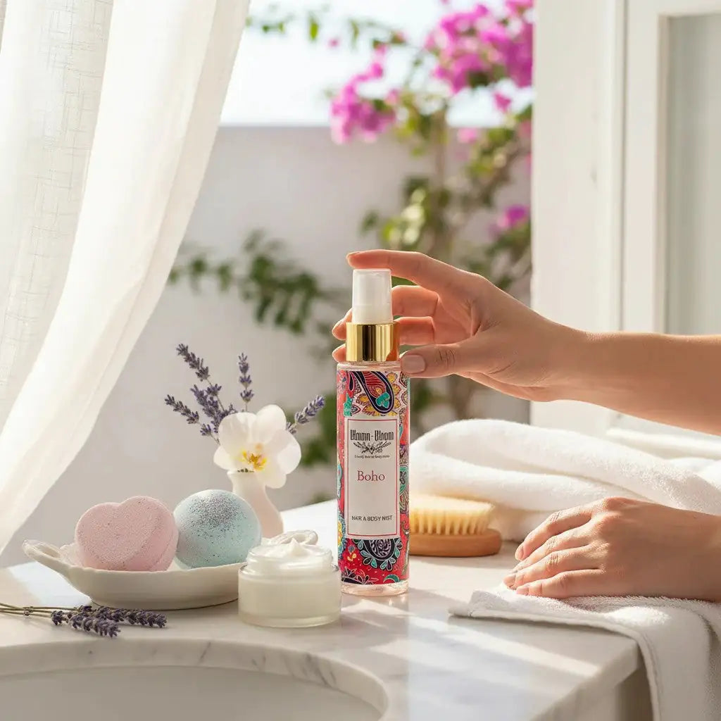 Bloom-Bloom Luxury Bath & Body treats Boho Hair & Body Mist with panthenol & aloe vera, fruity scent, 100ml bottle with colorful boho pattern.