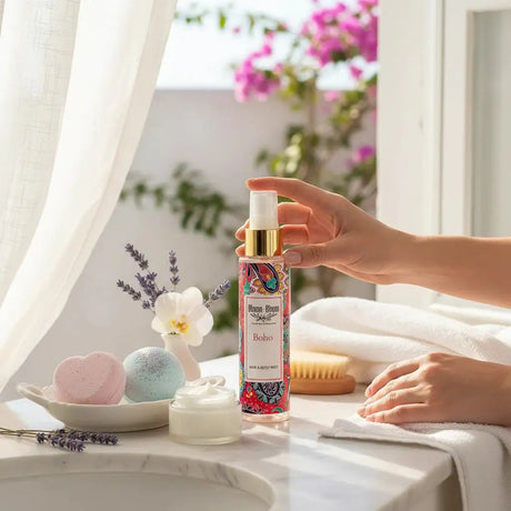 Bloom-Bloom Luxury Bath & Body treats Boho Hair & Body Mist with panthenol & aloe vera, fruity scent, 100ml bottle with colorful boho pattern.
