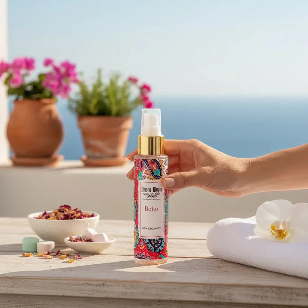 Bloom-Bloom Luxury Bath & Body treats Boho Hair & Body Mist with panthenol & aloe vera, fruity fragrance, 100ml bottle.