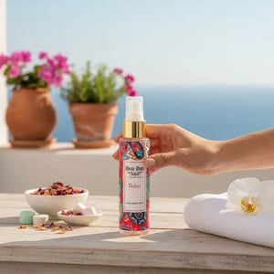 Bloom-Bloom Luxury Bath & Body treats Boho Hair & Body Mist with panthenol & aloe vera, fruity fragrance, 100ml bottle.