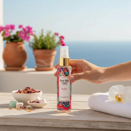 Bloom-Bloom Luxury Bath & Body treats Boho Hair & Body Mist with panthenol & aloe vera, fruity fragrance, 100ml bottle.